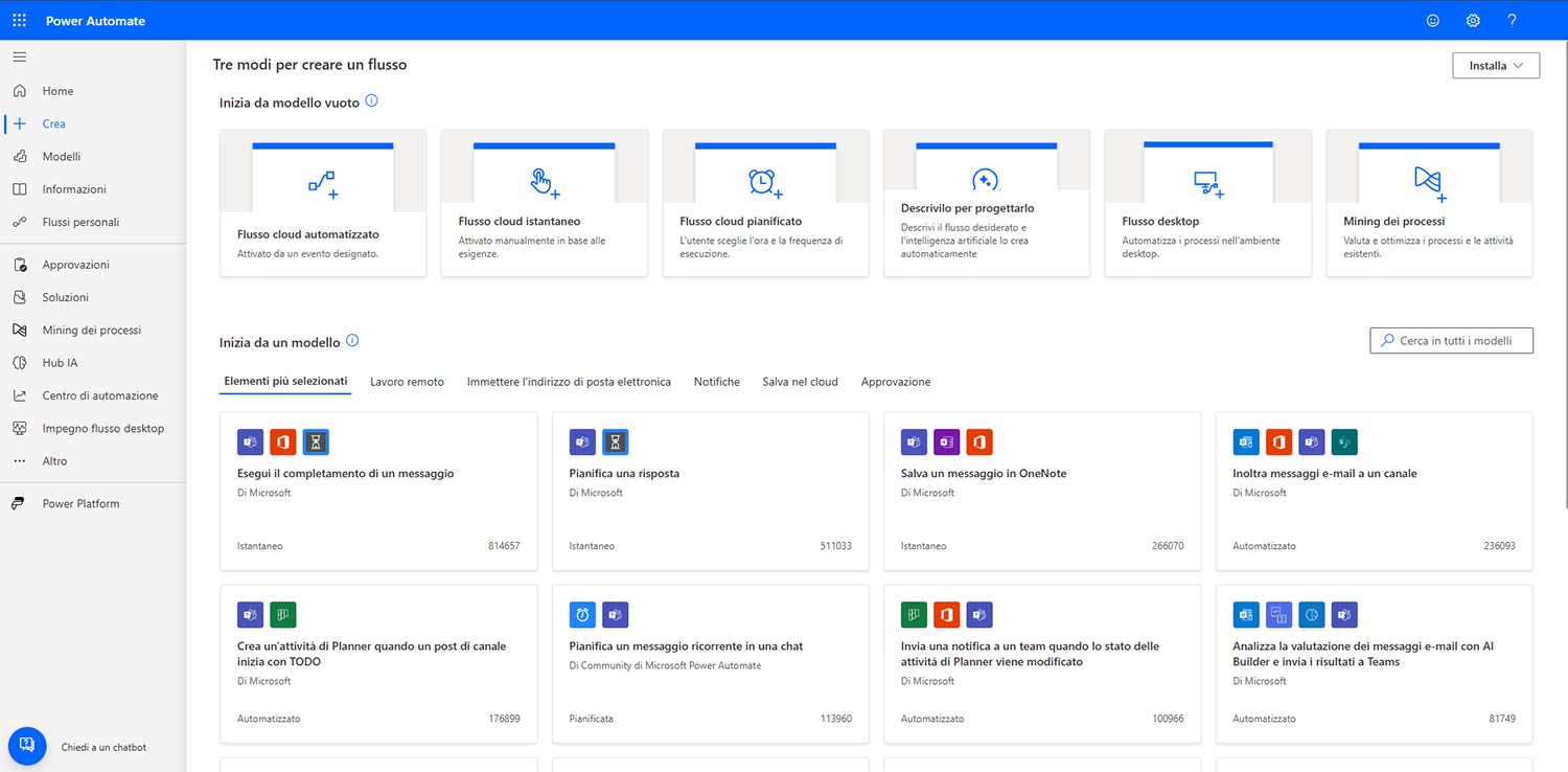 applicativo microsoft power automate schermata di creazione