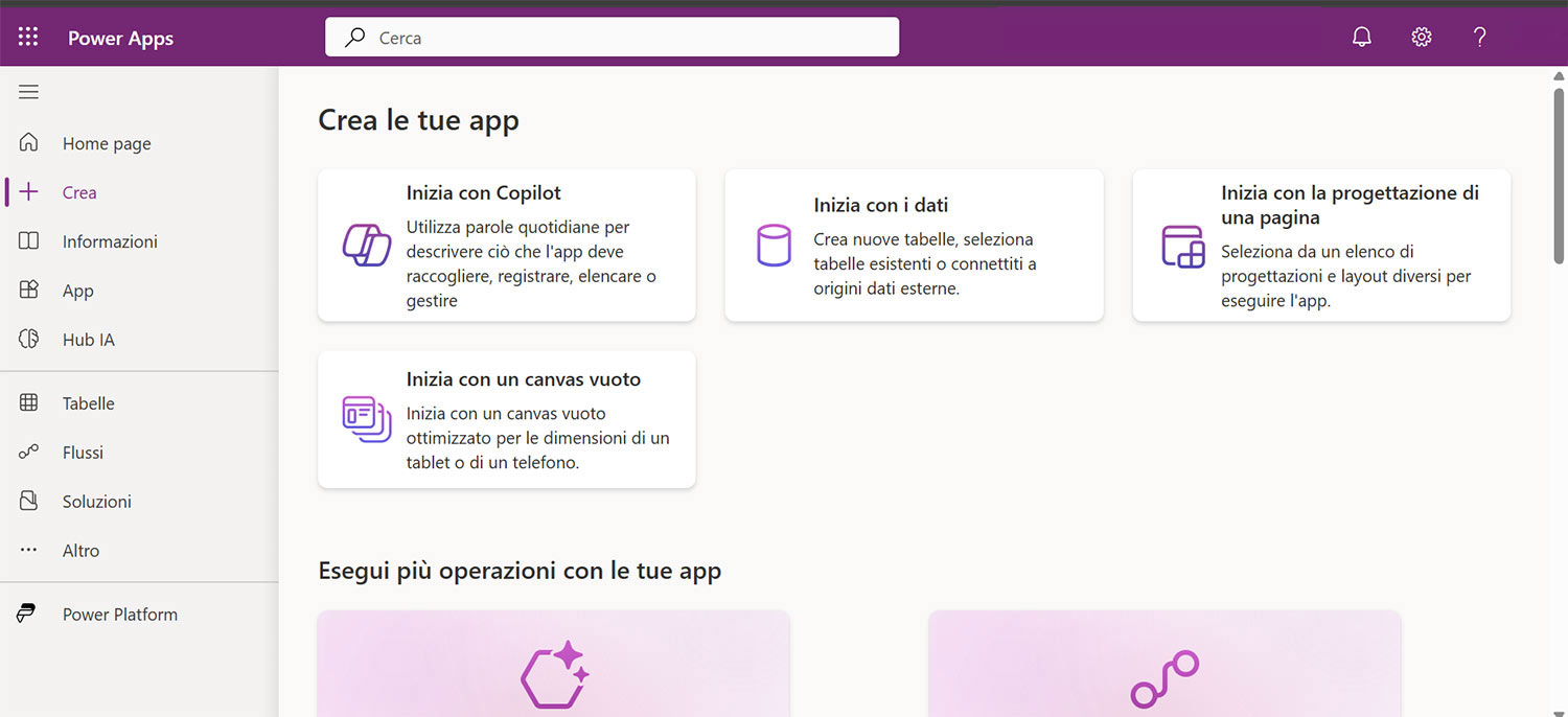 applicativo microsoft power apps visualizzazione del menu di creazione iniziale