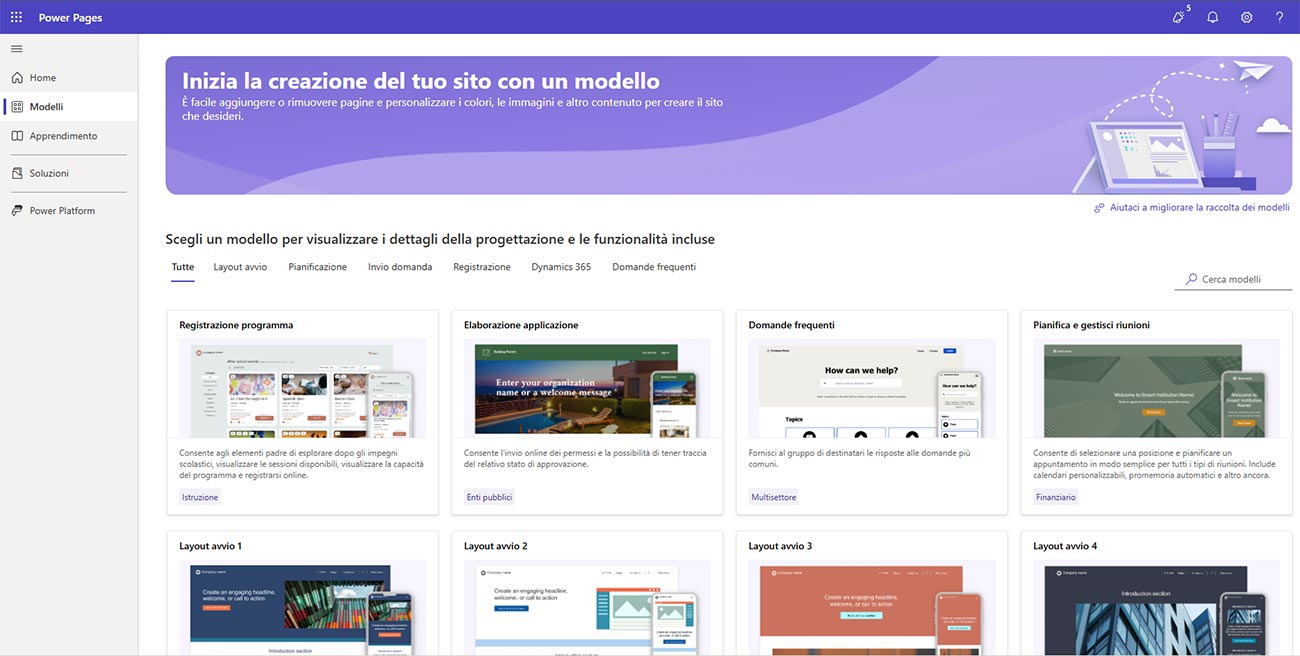 applicativo microsoft power pages visualizzazione dei modelli predefiniti