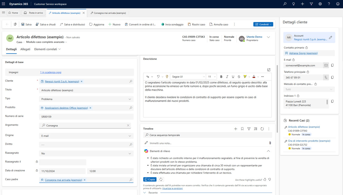 applicativo microsoft dynamics 365 hub del servizio clienti visuale completa di un caso