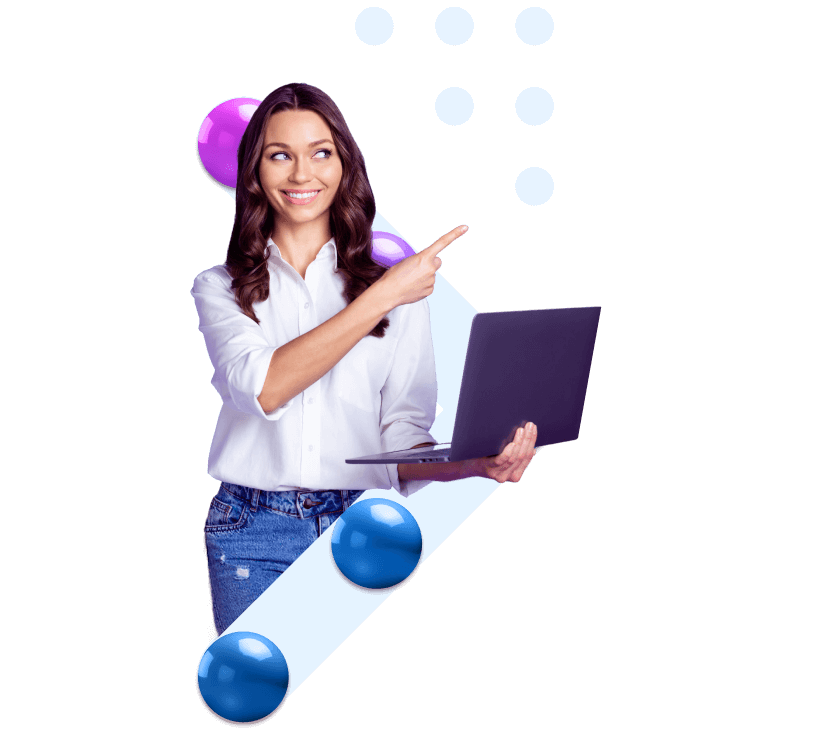 Ragazza con laptop con laptop freccia a destra