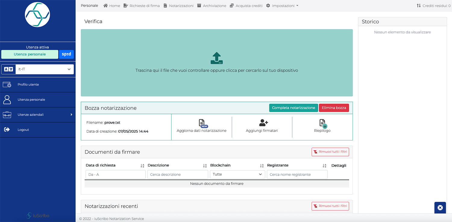 applicativo iuscribo riguardante la notarizzazione con la sua schermata home