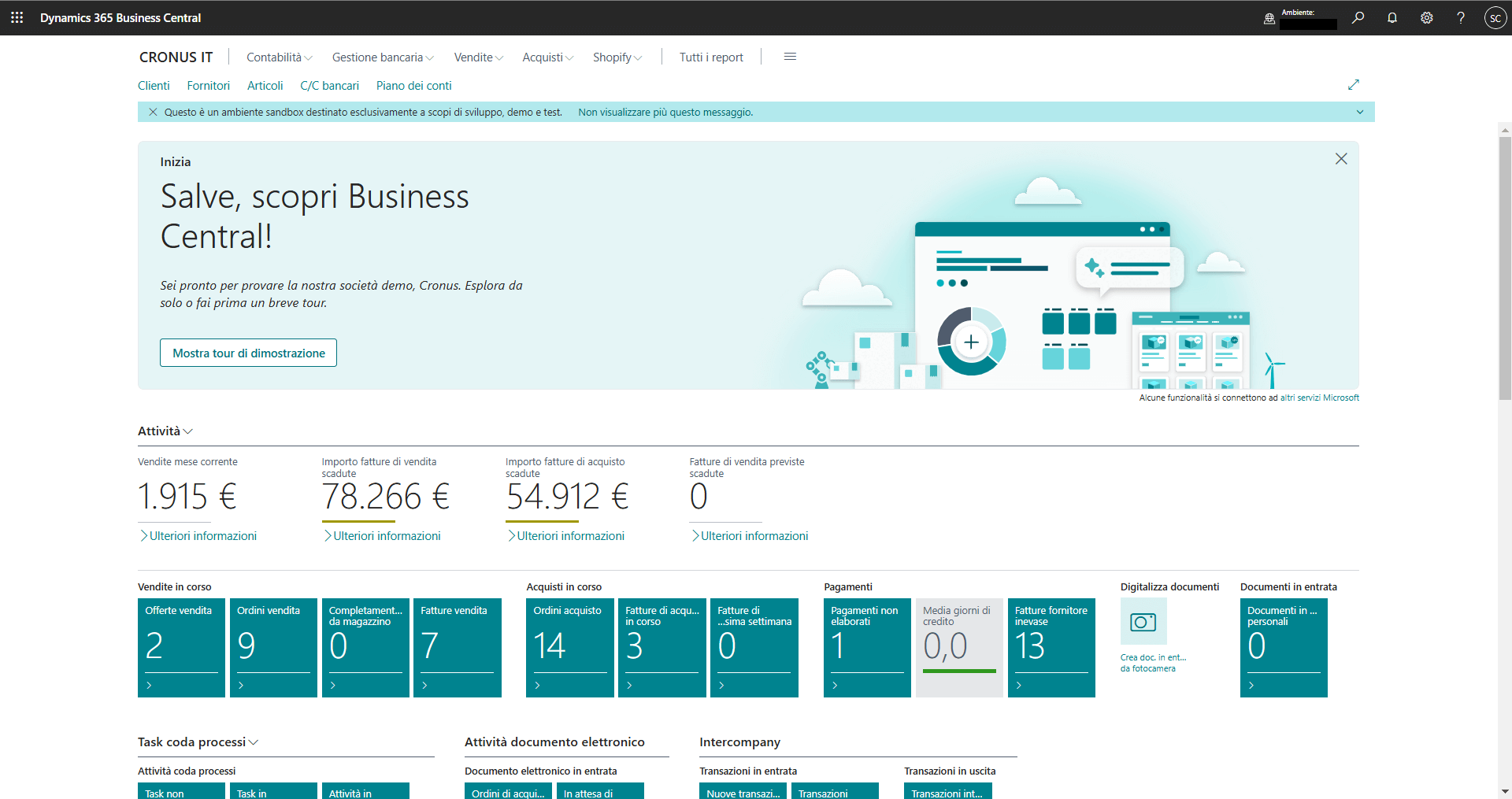 applicativo microsoft dynamics 365 business central schermata home