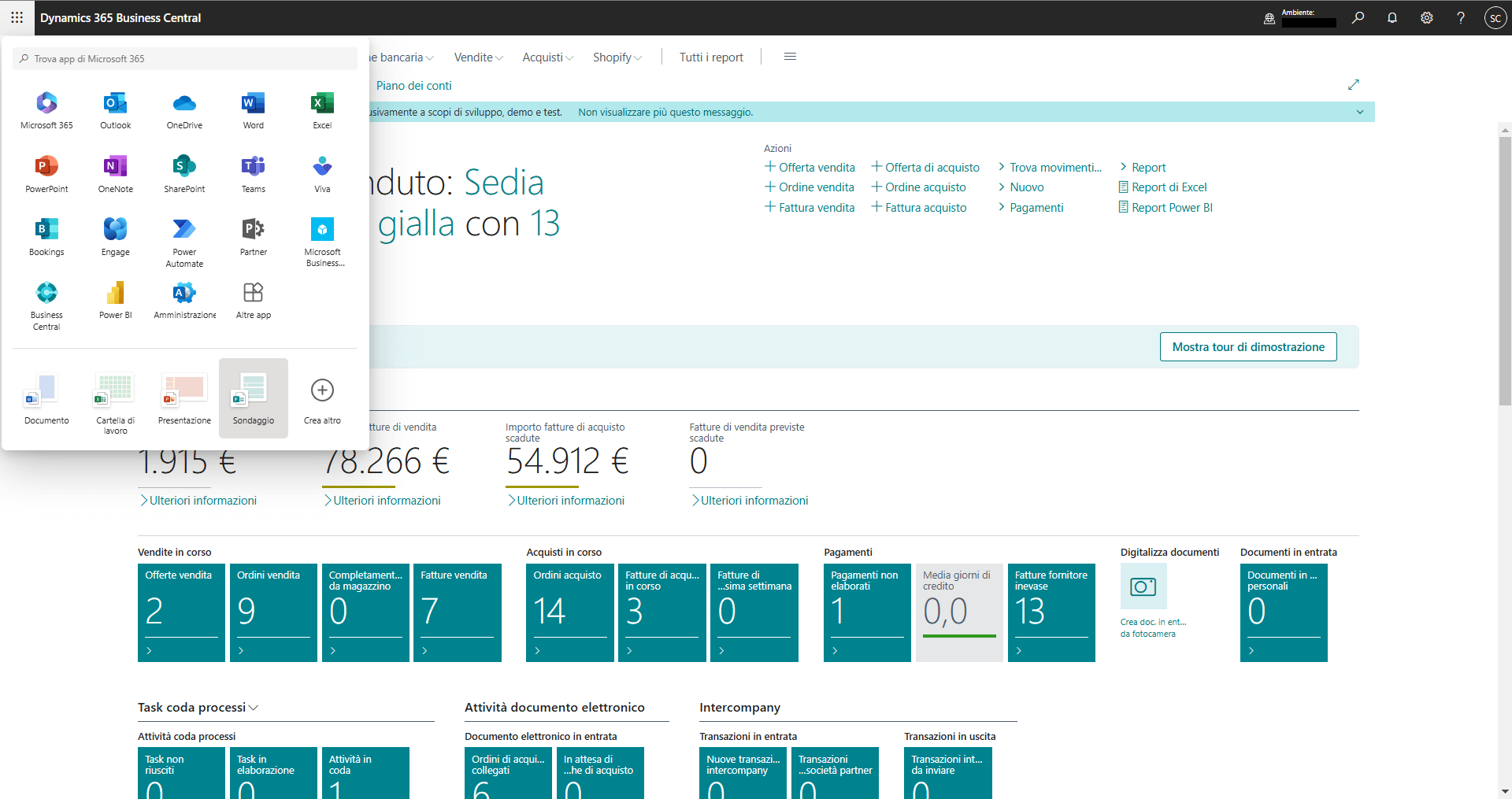applicativo microsoft dynamics 365 business central schermata home con menu di microsoft 365 aperto