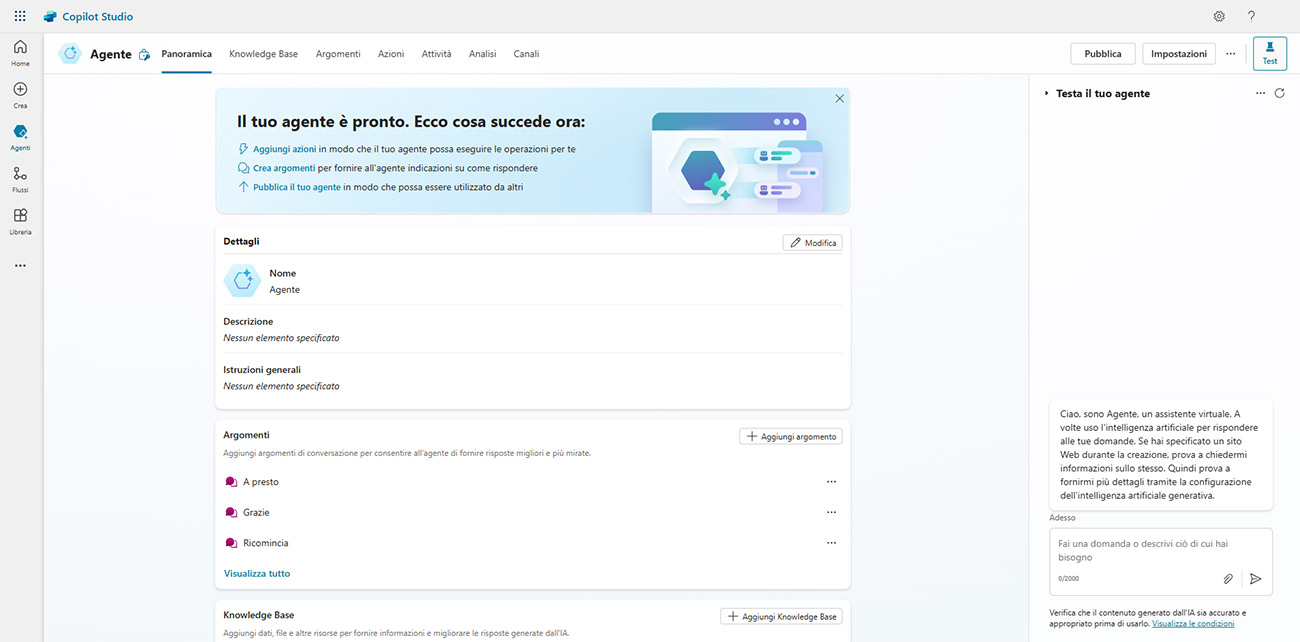 applicativo microsoft copilot studio visualizzazione della panoramica